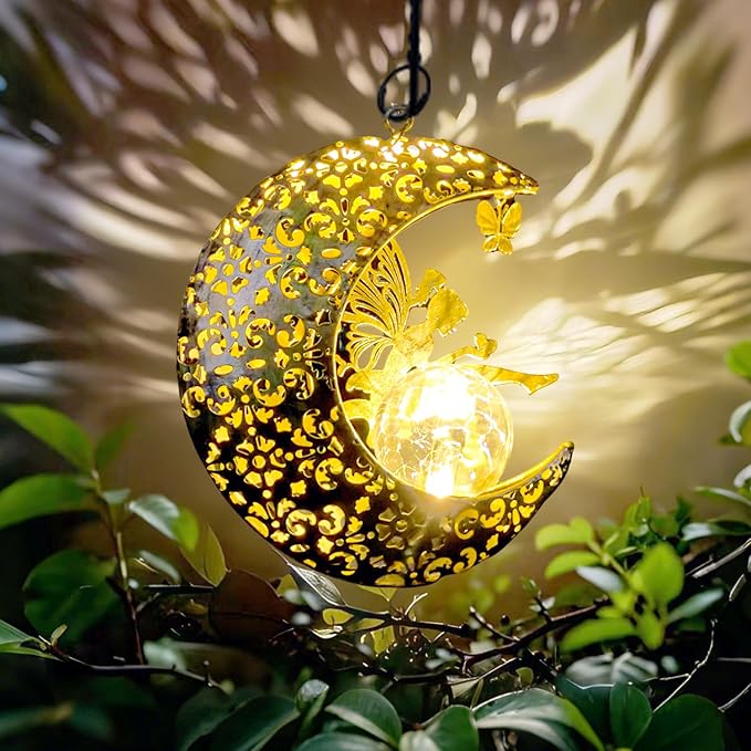 Solar Garden Fairy Statues Decor Hanging Lights,Outdoor Moon Decorations Metal Yard Art,Housewarming for Patio,Wall,Fences,Trail,Great Gift Idea for Gardening Mom and Grandma