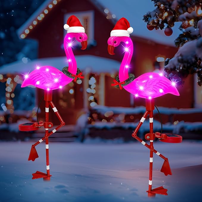 Solar Garden Lights Christmas Decorations Outdoor Waterproof,2 Packs Solar Flamingo Light,Birthday Xmas Gifts for Women Mom,Pink Flamingo Garden Statue,Decorative Lights for Yard Art Patio Porch Lawn