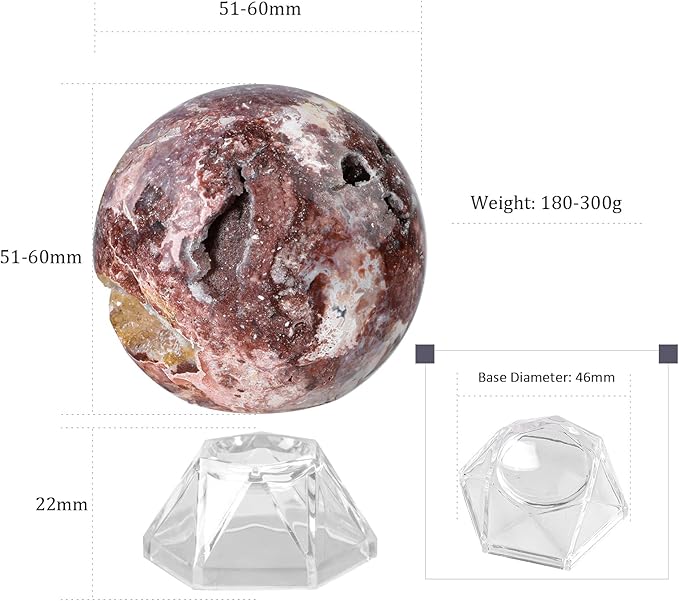 Natural Mexican Agate Crystal Ball with Acrylic Display Base, 51-60mm Polished Stone Feng Shui Crystal Sphere Meditation Decoration for Home & Office