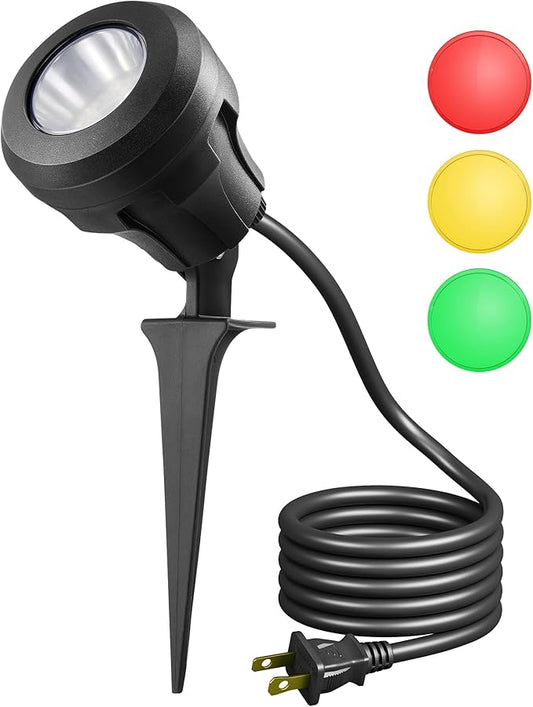 DEWENWILS 120V LED Outdoor Spotlight Halloween, 3 Extra Lenses (Red Green Yellow), 4.8W 5000K Plug in Spotlight, Waterproof Landscape Light for Yard, Tree Flag, Holiday, 5FT Extension Cord, UL Listed