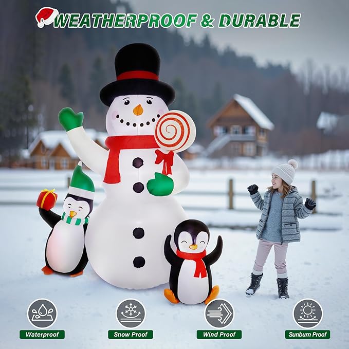 8 FT Christmas Inflatable Decorations,Outdoor Snowman with Penguins Blow Up Decorations, Patio Lawn Xmas Decor with Poweful Blower Built-in Bright LED Lights for Indoor Outdoor,Lawn,New Year Gifts