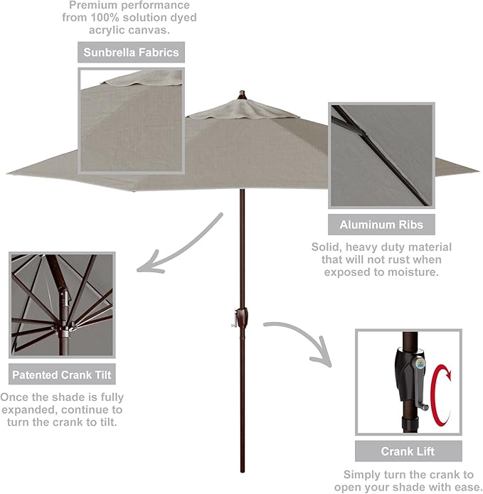 California Umbrella 9' Round Sunbrella Aluminum Outdoor Deck, Pool or Patio Umbrella, Crank Lift, Auto Tilt, Bronze Pole, Granite