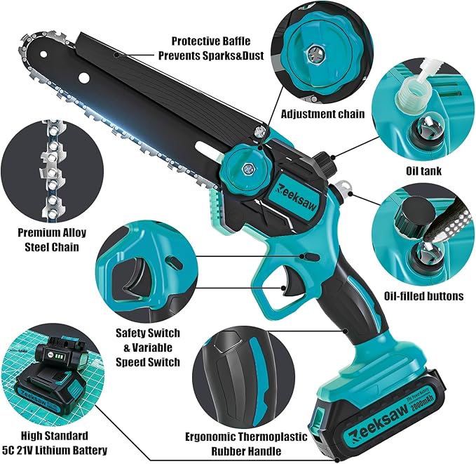 8 Inch Electric Chainsaw Cordless With Auto Oiler, Seniors Friendly Batteries Powered Hand held Chain saw Kit, Automatic Chain Tensioning & Auto Oiler For Tree Branches, Courtyard, And Garden