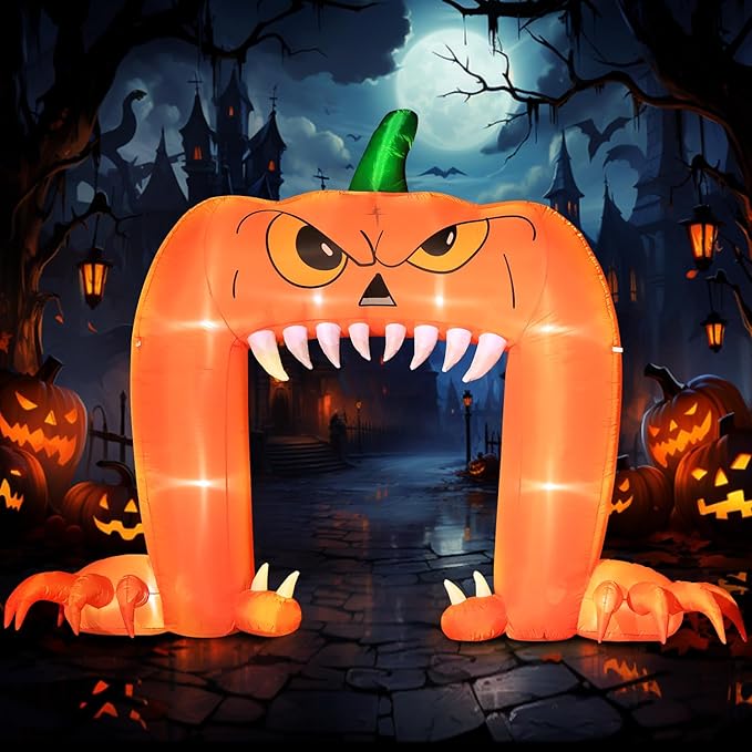 DomKom Halloween Inflatable Blow Up Decorations, 12FT Long 9FT Tall Spooky Pumpkin Archway, Built-in LEDs for Holiday Party, Garden, Lawn, Yard, Patio Décor