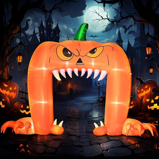DomKom Halloween Inflatable Blow Up Decorations, 12FT Long 9FT Tall Spooky Pumpkin Archway, Built-in LEDs for Holiday Party, Garden, Lawn, Yard, Patio Décor