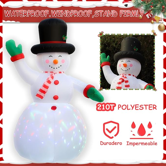 8FT Blow-Up Snowman Happiness Waves at You, Large Inflatable Christmas Outdoor Decor IP44, Blow up Snowman with Built-in 2 LEDs ＆ Colorful Flashing Light,Inflatable Snowman for Yard/Party/Xmas Gift