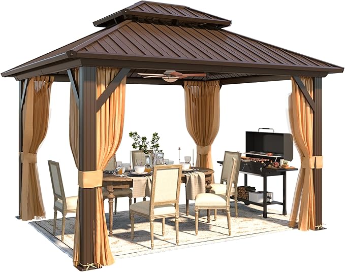 YOLENY 10' x 12' Hardtop Gazebo, Metal Gazebo with Aluminum Frame, Double Galvanized Steel Roof, Curtains and Netting Included, Pergolas for Patios, Garden, Parties, Lawns