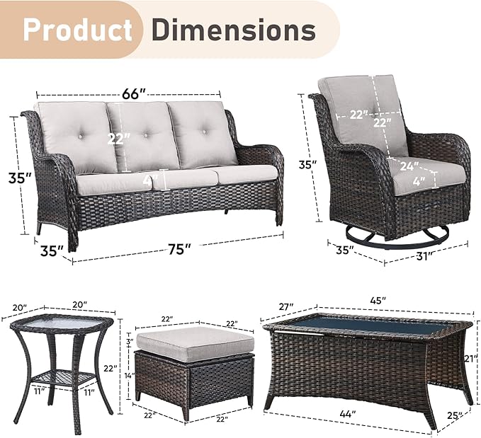 Wicker Patio Furniture-7 Pieces Rattan Patio Furniture Set Outdoor Patio Couch with Swivel Patio Chairs Ottomans and Coffee Table for Deck Poolside Backyard-Brown/Beige