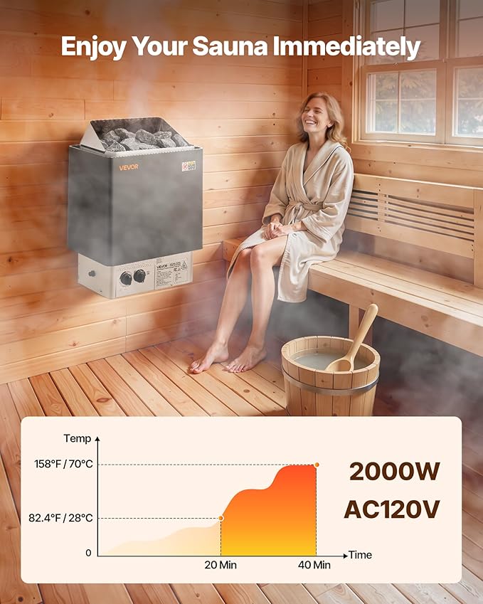 VEVOR Sauna Heater, 2KW AC 120V Electric Sauna Stove, Dry Steam Bath Saunas Stove with Pre-Drilled Bracket, Fit 52.9 to 88.2 CU.FT Saunas Rooms, Steam Bath Stoves for Home, Commercial, Leisure Venues