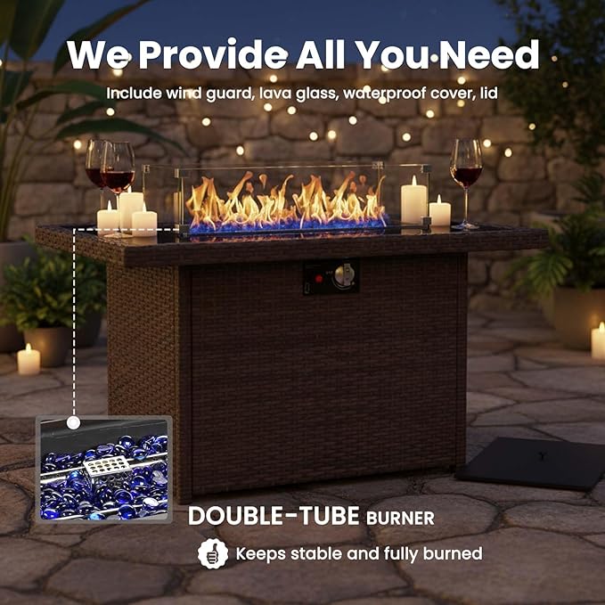 7 Pieces Patio Furniture Sets with Fire Pit Table, Wicker Rattan High Back Outdoor Swivel Rocking Chairs Set with 3-Seat Couch, Ottomans and Side Table