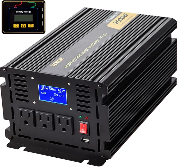 VEVOR Power Inverter, 2500W Modified Sine Wave Inverter, DC 12V to AC 120V Car Converter, with LCD Display, Remote Controller, LED Indicator, AC Outlets Inverter for Truck RV Car Boat Travel Camping