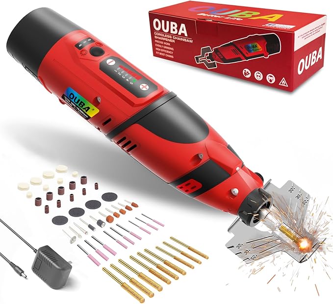 OUBA Cordless Chainsaw Sharpener with 12v Battery, Comes with Electric Chainsaw Sharpener Tool with 54 PCS Sharpener Accessories, Chainsaw Chain Sharpener Kit with Titanium Plated Diamond Bits