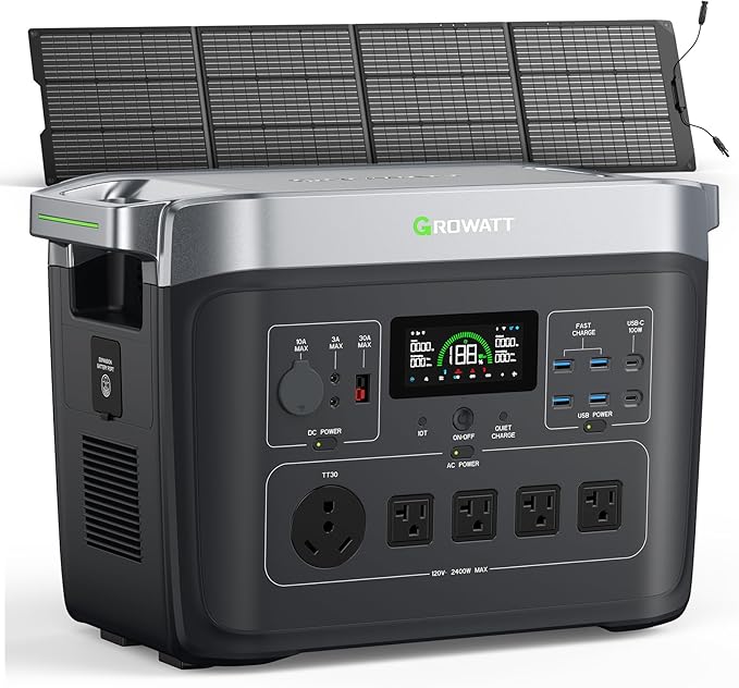 GROWATT Portable Power Station with 200W Solar Panel，Black Infinity 2000 Electric Solar Generator，2048Wh LifePO4 Battery, 2200W AC Output for Home Use, Outdoor Camping, RVs and Emergency Backup