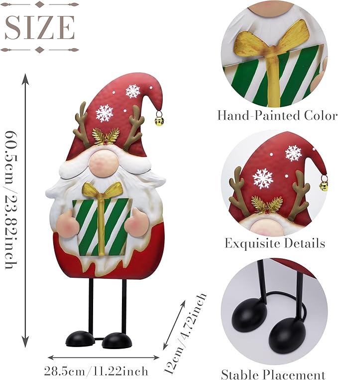 TERESA'S COLLECTIONS Gnome Christmas Decorations,Metal Red White Santa Holding Gifts,Christmas Gnome Statue for Garden Indoor Outdoor,Decorative Yard Art Signs for Lawn Xmas New Year Winter Decor,24"