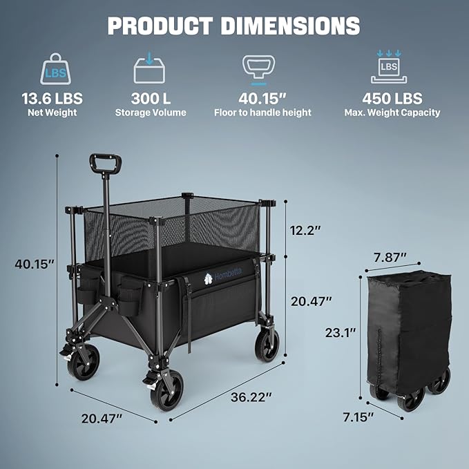 Adjustable Folding Wagon Cart, 150L–300L Expandable Capacity, 450LBS Heavy Duty Collapsible Utility Wagon with All-Terrain Wheels & Brake, Ideal for Beach, Camping, Garden & Outdoor Gear