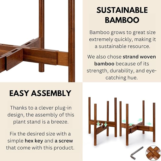 Fox & Fern Large Adjustable Plant Stand Indoor — 11 to 15 Inch Mid Century Bamboo Plant Stand; Plug In Design; Easy to Assemble; Two Height Options - For 11, 12, 13, 14 & 15 Inch Pots (Not Included)