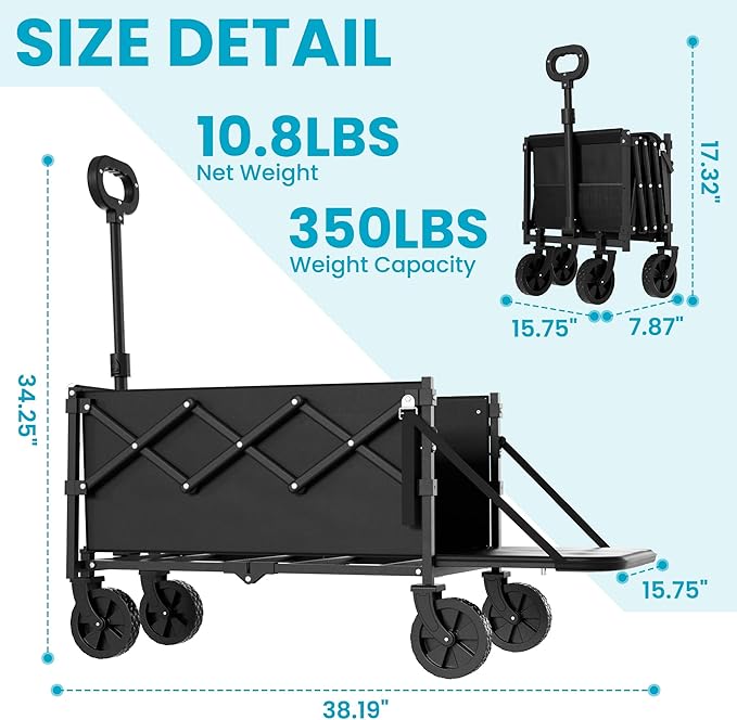 Collapsible Wagon with Tailgate, Ultra-Compact & Portable Folding Wagon with 350lbs Capacity, Lightweight Portable Utility Wagon Cart for Shopping Camping Sports Garden (Black)