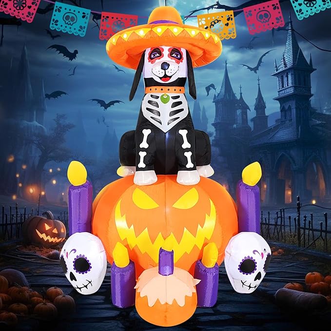 DomKom Halloween Inflatable Blow Up Decorations, Dia de Los Muertos 6FT Day of Dead Catrina Dog with Pumpkin and Candles, Built-in LEDs for Holiday Party, Garden, Lawn, Yard, Patio Décor