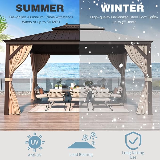 MELLCOM 10' x 12' Hardtop Gazebos, Brown Permanent Pavilion Gazebo with Curtains and Netting, Galvanized Steel Metal Double Roof with Aluminum Frame for Patio, Lawn & Garden