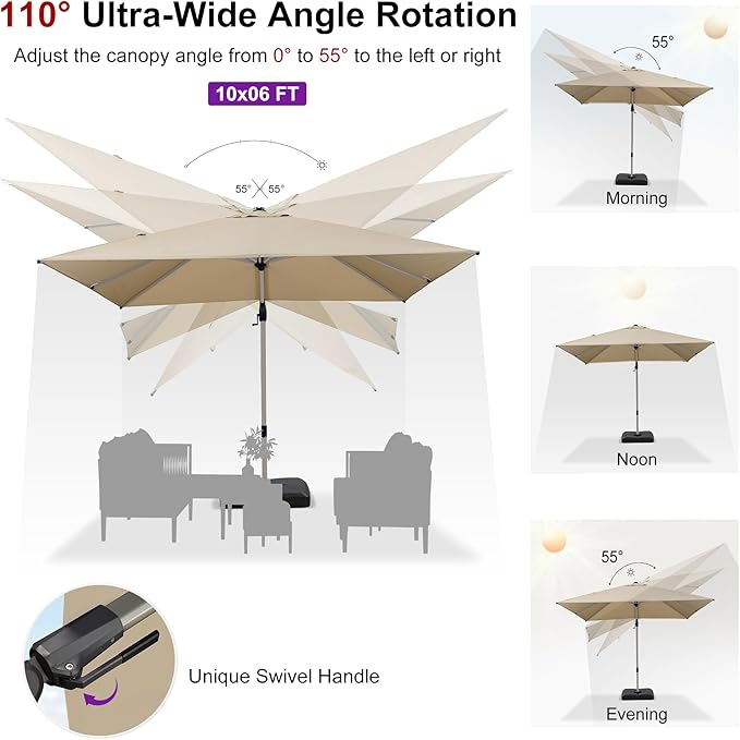 PURPLE LEAF 10' X 6.5' Left-right Tilting Patio Umbrella with Base Outdoor Swivel Cantilever Offset Aluminum Umbrella with Champagne Frame and 360-degree Rotation for Garden Deck Pool, Beige