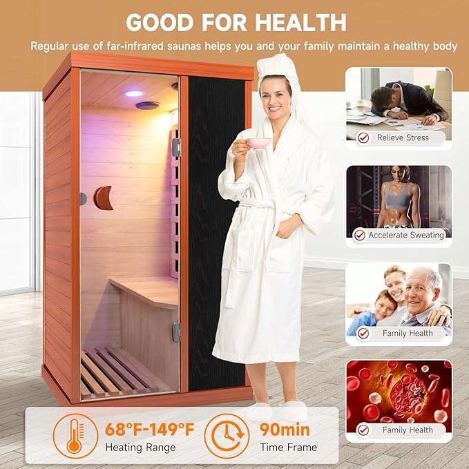 1 Person Sauna Far Infrared Sauna 800W Indoor Home Sauna Low EMF 110V with Control Panel 7 Color Light 28.7 * 35.2 * 61.4 inch