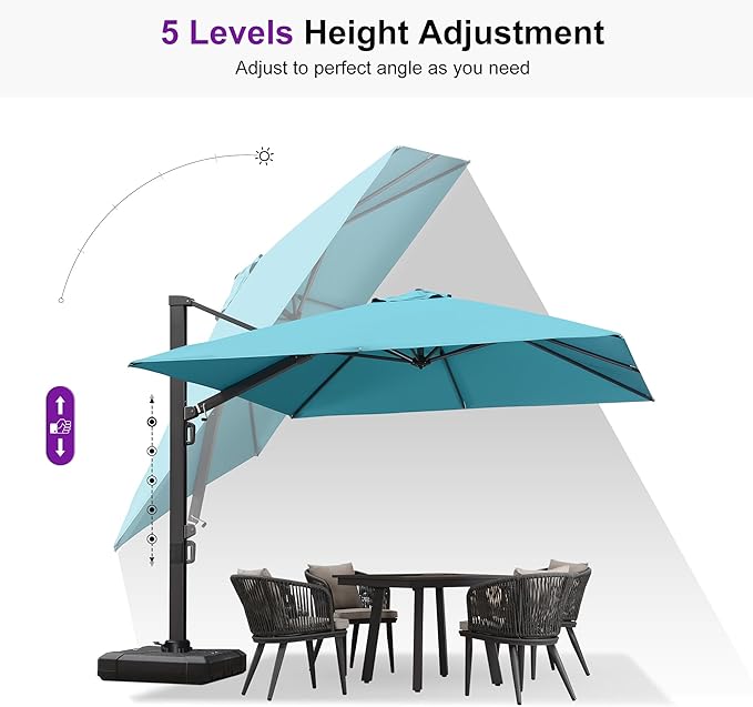PURPLE LEAF 10 FT Square Patio Umbrella with Base Large Outdoor Aluminum Offset Cantilever Umbrella with 360-degree Rotation for Garden Deck Backyard Pool Turquiose