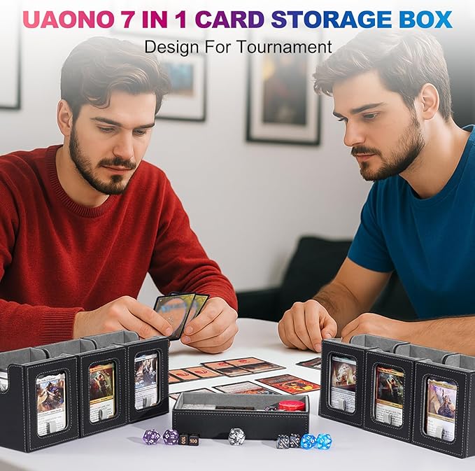 Commander Deck Box for MTG, 6-Deck Modular Card Case with Dice Tray Holds 600+ Double-sleeved Cards, Removable Trading Cards Storage Box with 35PT Magnetic Card Holders for TCG, Black Grey