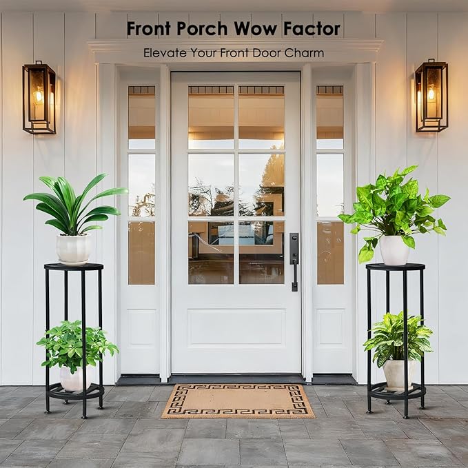 Plant Stand Indoor Outdoor,29" Tall Metal Plant Stands Riser,2 Tier Heavy Duty Wrought Iron Pedestal Holders,Tiered Round Flower Pot Stand,Outside Rust-Proof Black Flower Display stand for Patio