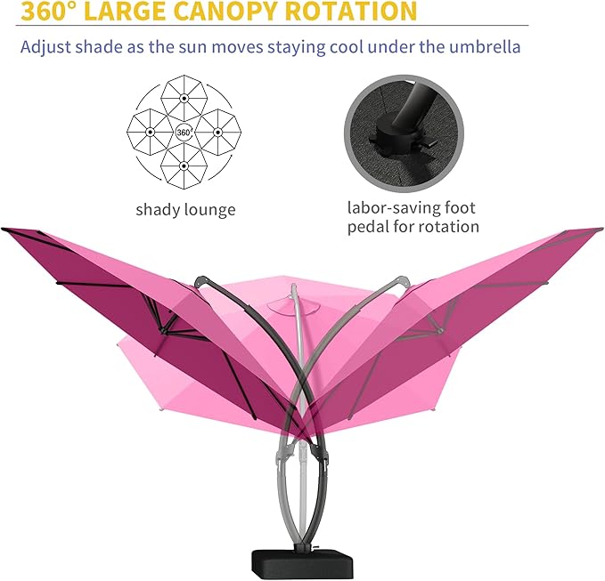 Kingdura 11ft Offset Cantilever Patio Umbrella with Base Included, Large Round Aluminum Outdoor Umbrella, 360° Rotation & Infinite Tilt, Heavy Duty Frame for Deck Pool Backyard, Rose Pink