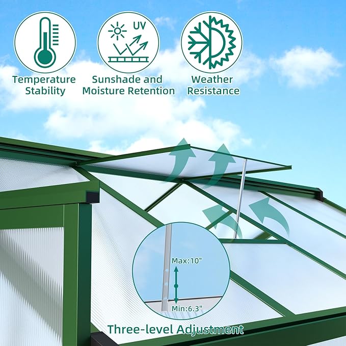 8 x 12 FT Greenhouse, Heavy-Duty Polycarbonate Large Walk-in Greenhouse Roof Vent ,Aluminum Frame & Lockable Door, for Backyard, Green Houses for Outside Garden Backyard