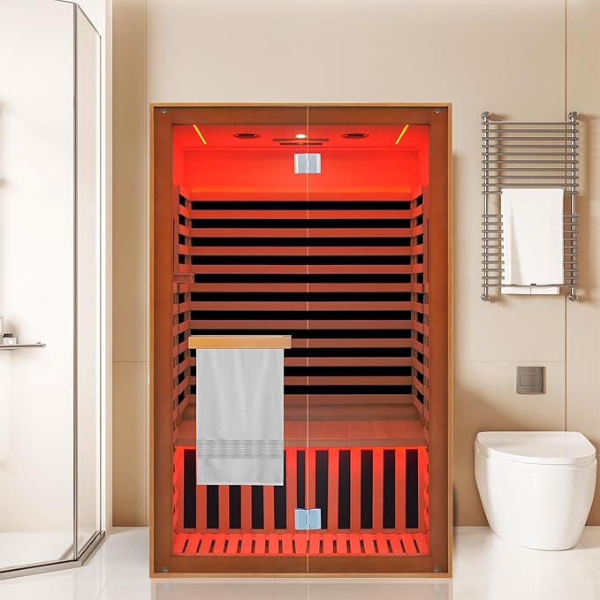 Infrared Sauna 2 Person,Far Infrared Home Sauna Room,1950W Light Therapy Lamp Dry Sauna for Home, Canadian Hemlock Indoor Sauna Spa with Oxygen Bar,Wooden Infrared Light Sauna