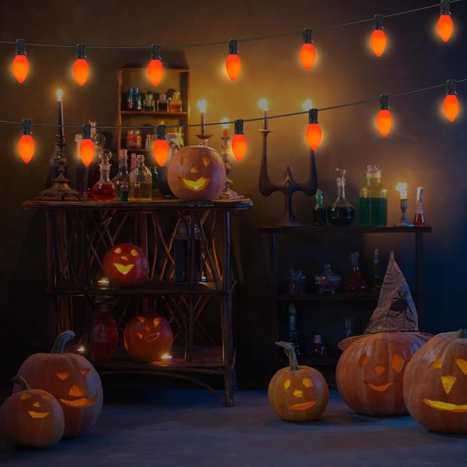 C7 Christmas Lights, 25FT C7 String Lights with 27 Orange Bulbs, Hanging Christmas Decoration Light for Outdoor Indoor Patio Home Party Garden Yard-Black Wire