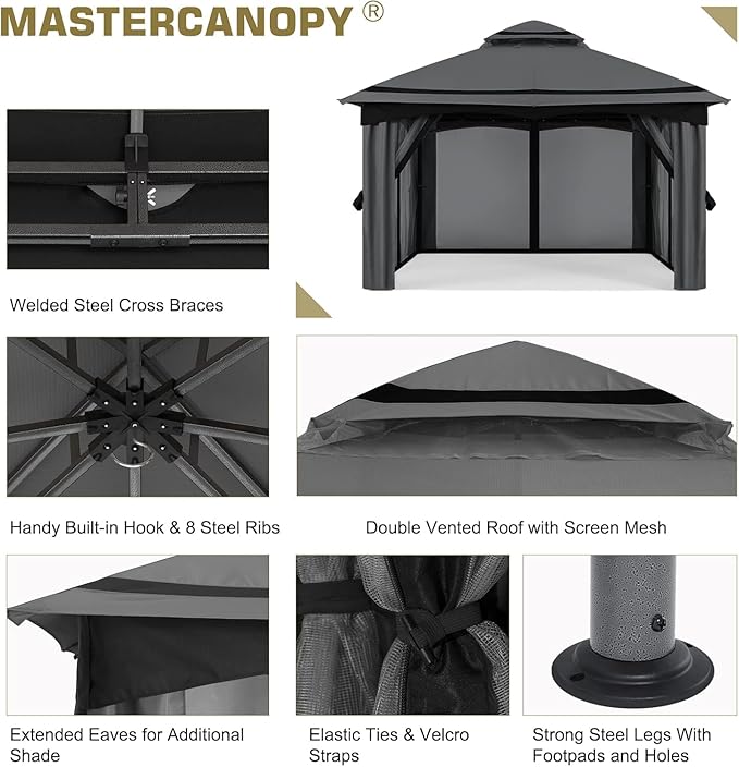 MASTERCANOPY 10x10FT Outdoor Patio Gazebo with Mosquito Netting for Backyard, Patio, Garden Dark Grey