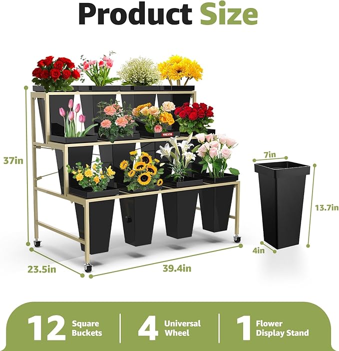 Flower Display Stand 3 Layers with 12 PCS Round Buckets, Plant Stand with Wheels, Movable Metal Plant Stand for Terrace Garden, Living Room, Florist Shop