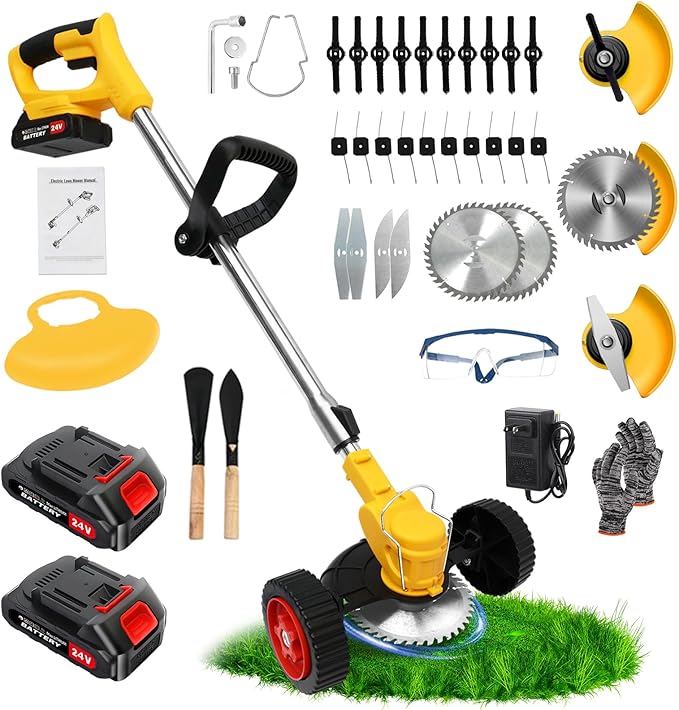 24V Electric Weed Wacker Cordless Grass Trimmer with 2x2000mAh Batteries & Fast Charger, 3 in 1 Stringless Lightweight Brush Cutter/Edger/Mower with 3 Types Blade & Wheels for Garden and Yard Lawn