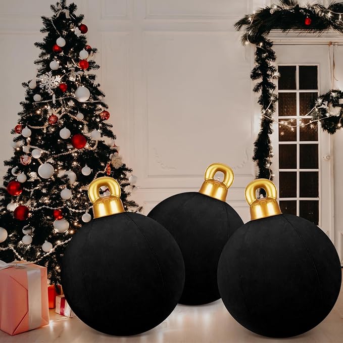 Jetec 3 Pcs 32 Inch Giant Velvet Christmas Inflatable Balls Ornament Flocked Xmas PVC Inflatable Flocked Ball Ornaments for Christmas Holiday Outdoor Blow up Yard Decor(Black)