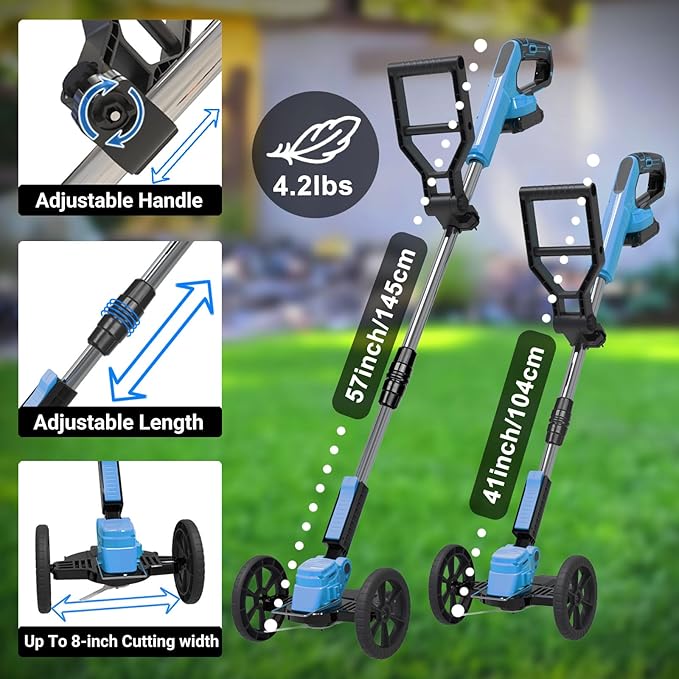 Cordless Weed Wacker Eater Battery Powered, 21V Lightweight Electric Weed Trimmer with 2 Battery Operated & Charger& Wheels & Shears, No-String Grass Trimmer/Brush Cutter/Lawn Edger for Yard Garden