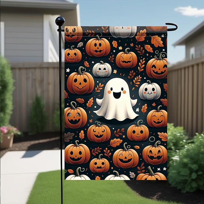 Halloween Pumpkin Ghost Garden Flag 12x18 Inch Double Sided for Outside Cute Ghost Pumpkin Yard Flag for Outdoor Holiday Home Decor