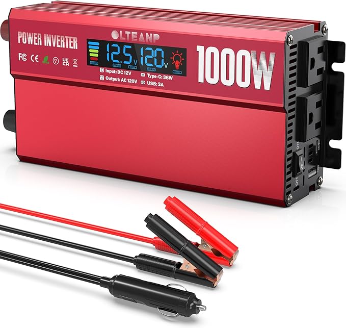 1000W Power Inverter with LCD Screen Display, 2 AC Outlets, 36W Type-C Port, 5V/3A USB Port, 12V DC to 110V/120V AC Inverter for Truck, Home, Vehicles, Laptop, Trip