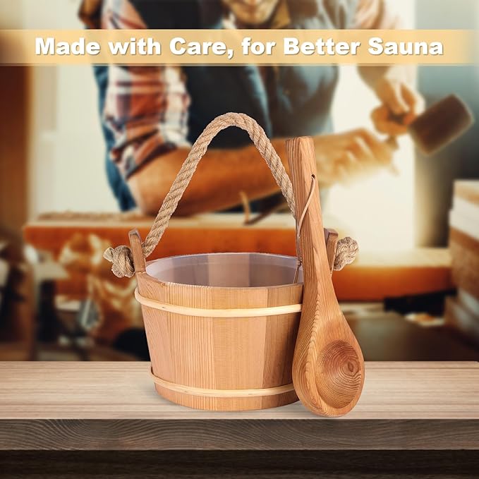 6L-1.6Gal Cedar Wood Sauna Bucket and Ladle Set, Handmade Wooden Sauna Bucket with Ladle, 14.5″ Sauna Ladle,Premium Pine Sauna Accessories Kit for Steam Sauna, Natural Wooden Bucket for Sauna