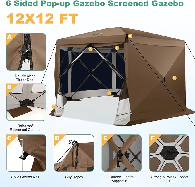 COBIZI 12x12 pop up Gazebo on Clearance Screen Tent for Camping,Scalable Sesign Outdoor Canopy Tent with Extension Support Poles & sidewalls,with Portable Carrying Bag and Ground Stakes,Brown