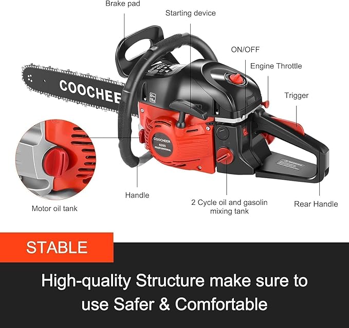 COOCHEER 62CC Gas Chainsaw 20 Inch, Top Handle 3.5 HP 2-Stroke Chain Saw Gas power with Carrying Bag & 2 Chains for Trees Wood Cutting and Tree Trimming