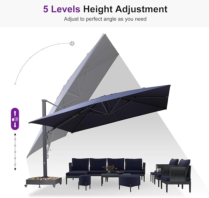 PURPLE LEAF 13 FT Square Patio Umbrella Large Outdoor Aluminum Offset Umbrella with 360-degree Rotation Cantilever Umbrella for Garden Deck Backyard Pool Navy Blue