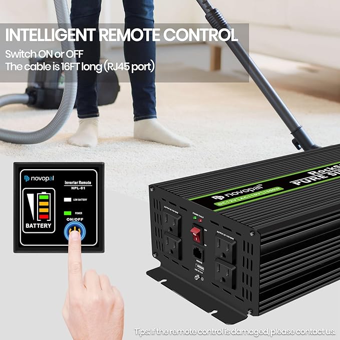 Novopal 1500W Pure Sine Wave Inverter, 12V DC to 110V/120V AC Car Power Converter, DC-AC Power Inverter with 4 Outlets, High-Power Interface，16ft Remote Control, LCD Display