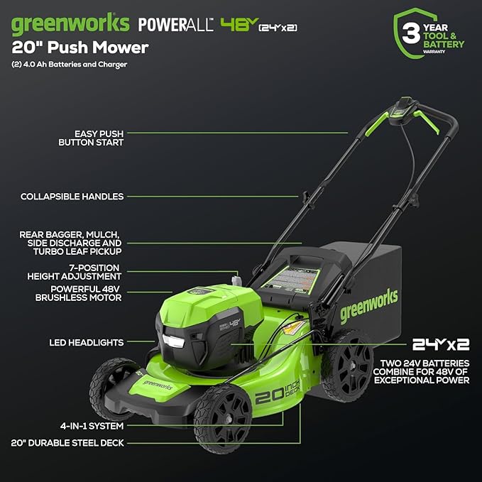 Greenworks 48V (24V x 2) 20" Brushless Cordless (Push) Lawn Mower (LED Headlight), (2) 4.0Ah Batteries and Dual Port Rapid Charger Included (200+ Compatible Tools)