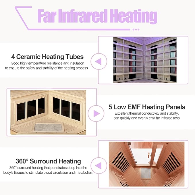 Ceramic Infrared Saunas for Home, 2-3 Person Infrared Sauna, Low EMF Indoor Sauna, Home Sauna, Hemlock Wooden Sauna Room with Bluetooth Speakers, Reading Lamps, Chromotherapy Lights
