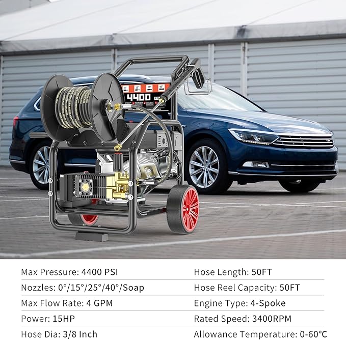 4400PSI Gas Pressure Washer with Hose Reel, 4 GPM, One-Button Electric Start 420CC 15HP Commercial Pressure Washer with 50FT 3/8" Hose, Spray Gun & Wand, 5 Quick Connect Nozzles