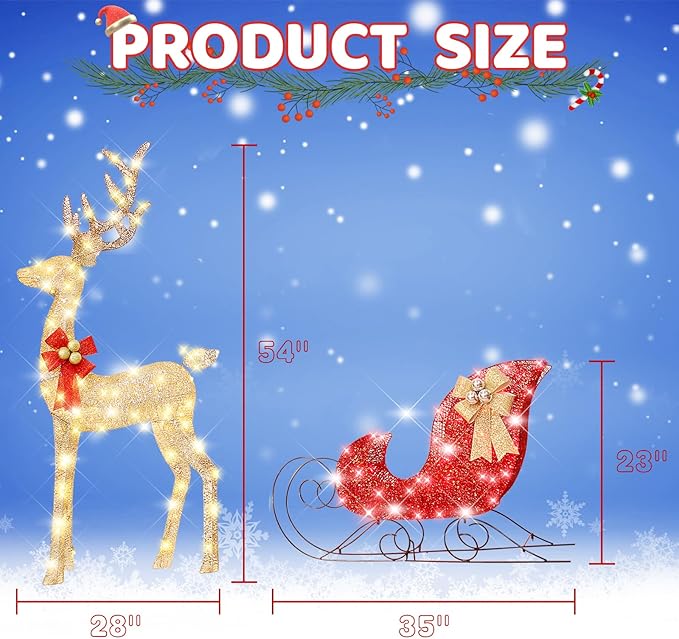 54”Christmas Deer Sleigh Set Outdoor Indoor Decoration 3D Lighted Reindeer Red Sleigh Holiday Display Christmas Tree Decorations Lighted up Santa Sleigh Porch/Lawn/Yard/Garden Addition