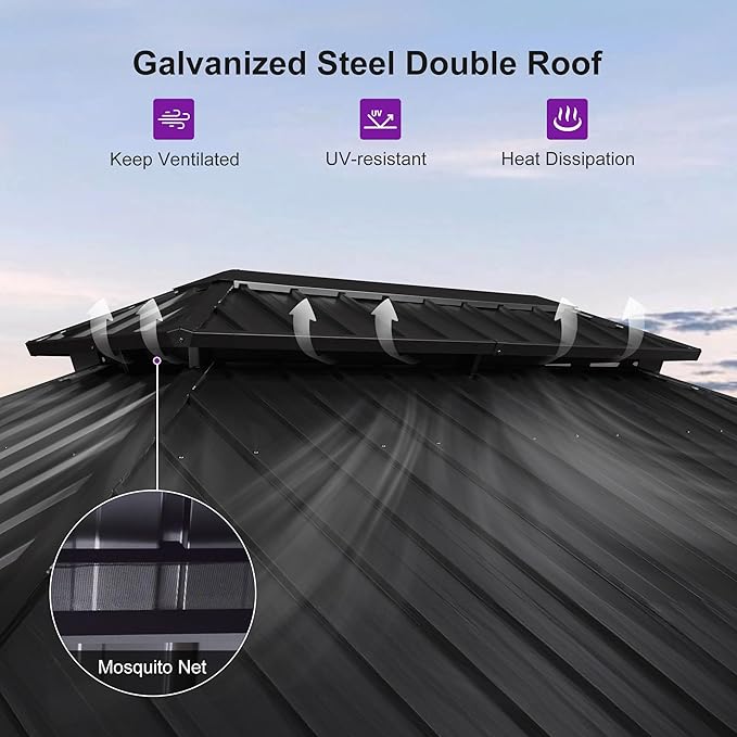 PURPLE LEAF 10' X 14' Hardtop Gazebo Outdoor Wood Grain Aluminum Frame Galvanized Steel Double Roof Gazebos with String Lights for Patio Deck Backyard Garden