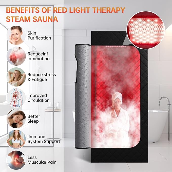 Infrared Sauna Box, Portable Sauna with 660nm Red Light Therapy & 850nm,5-Layer Waterproof, 3L 1300W Steamer,Folding Chair,for Home Sauna Spa Personal Saunas Tent Indoor Outdoor